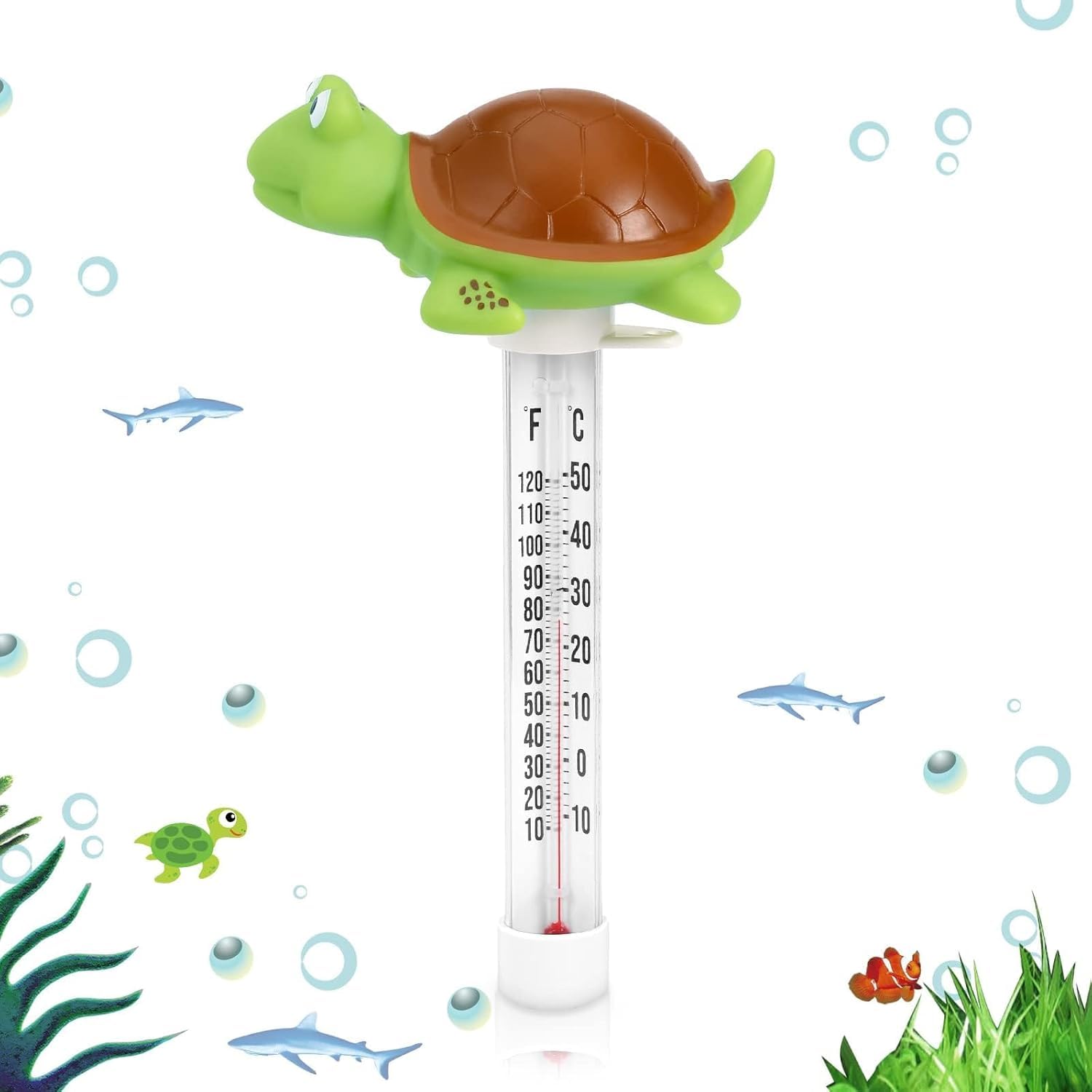 Inpool floating thermometer on string for simple indoor and outdoor water readings.