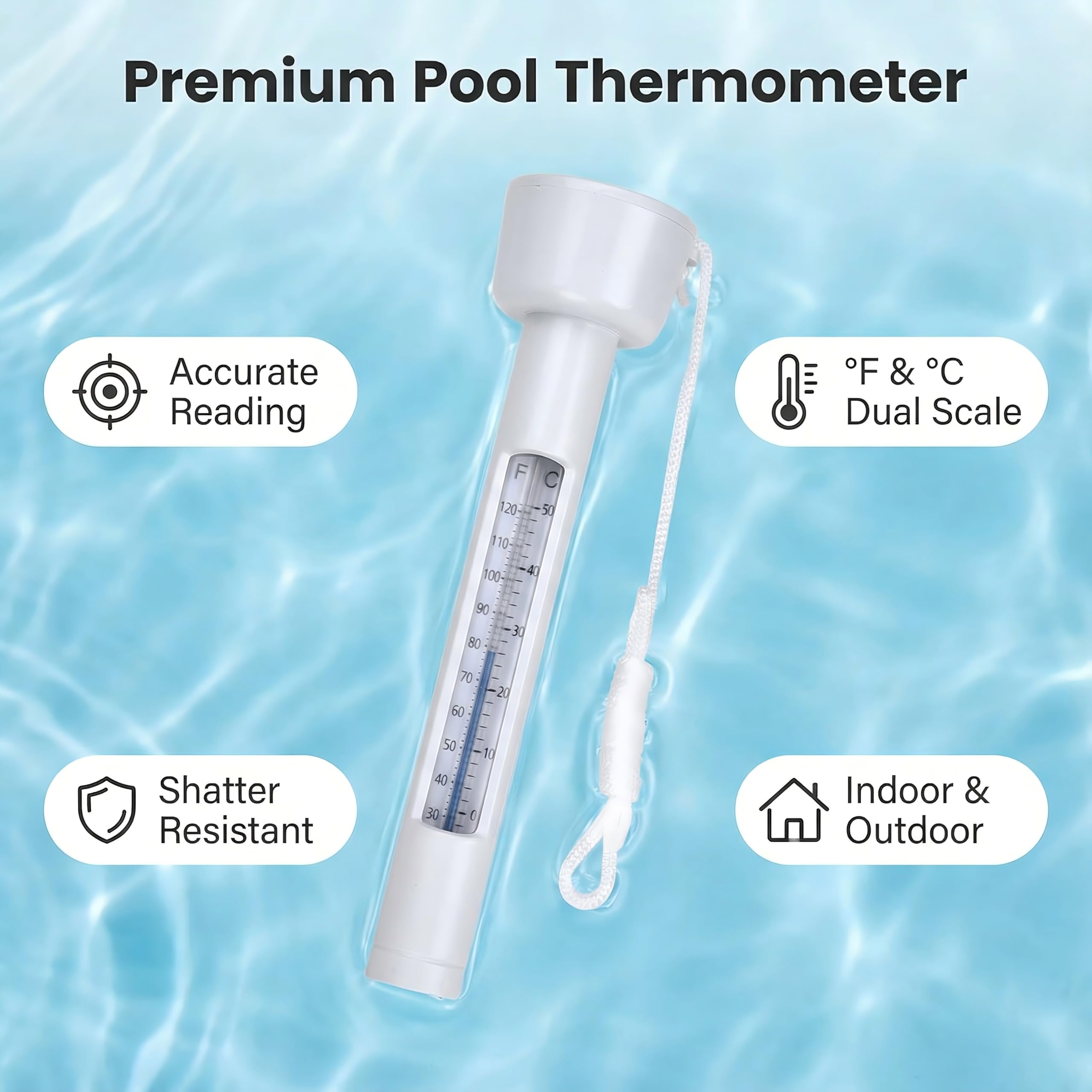 Inpool floating thermometer with string for secure readings in pools and spas