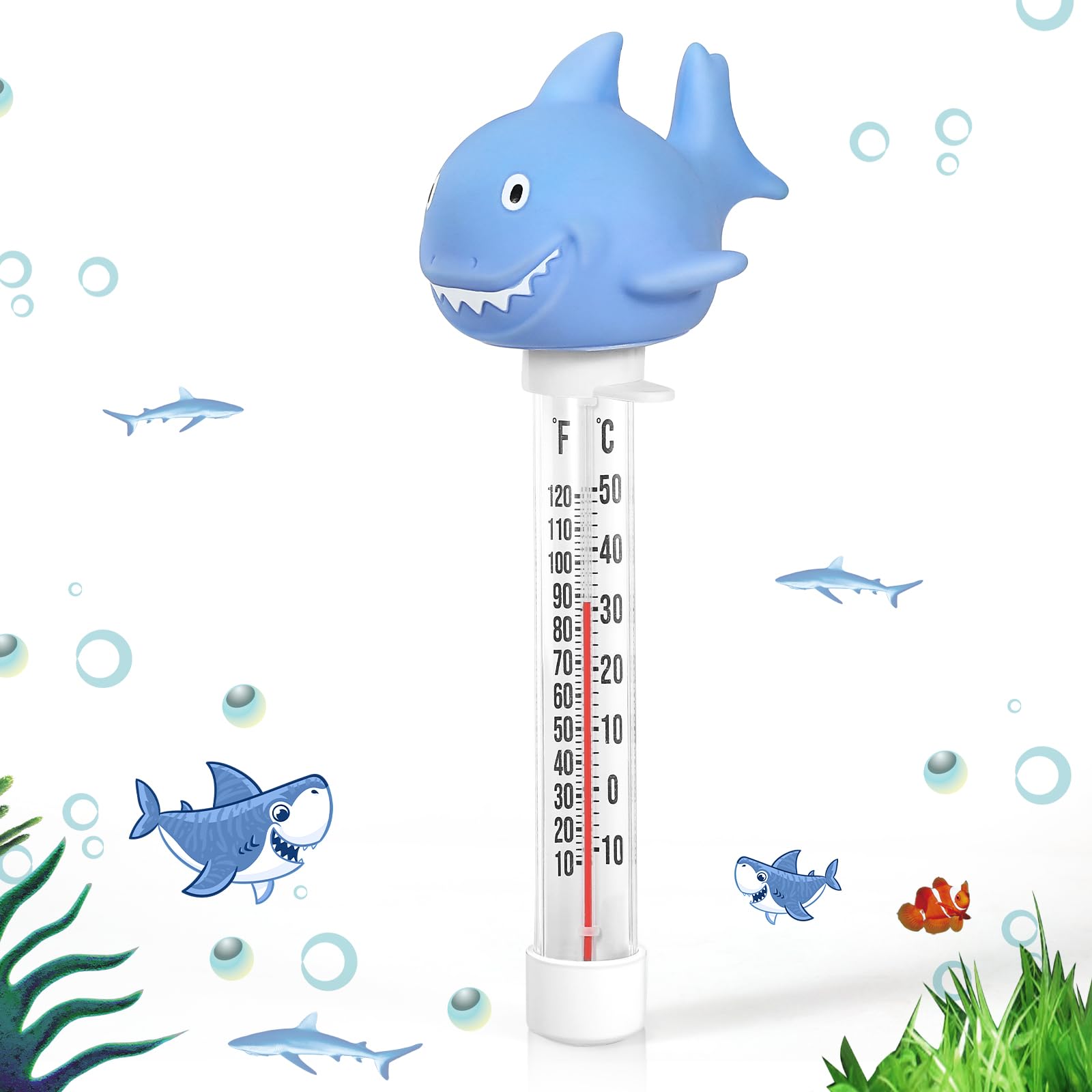 Inpool large-readout thermometer displays Fahrenheit and Celsius for quick water checks.