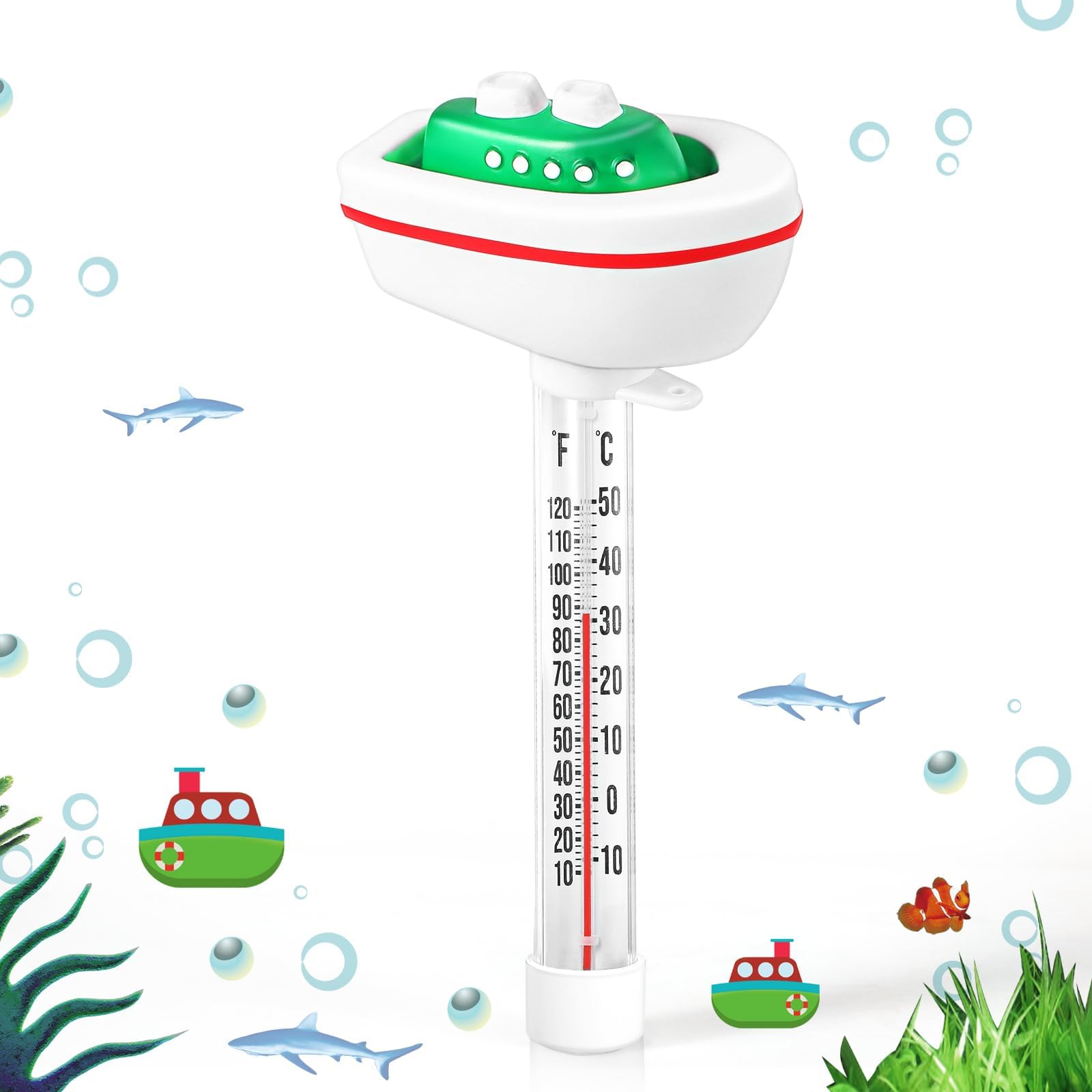 Inpool large-readout thermometer shows Fahrenheit and Celsius for easy temp checks.