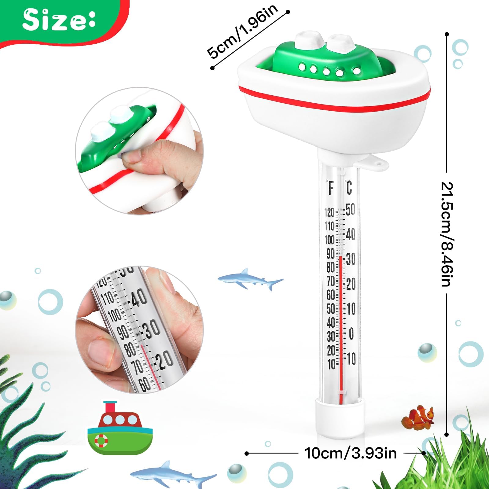 Inpool thermometer with string provides flexible positioning in outdoor and indoor pools.