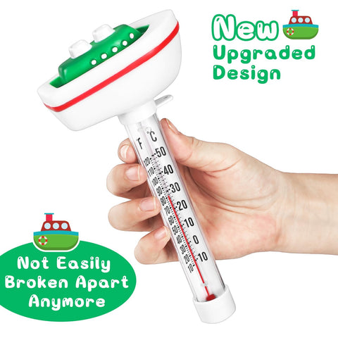 Inpool shatter-resistant thermometer floats securely on water for pool safety.