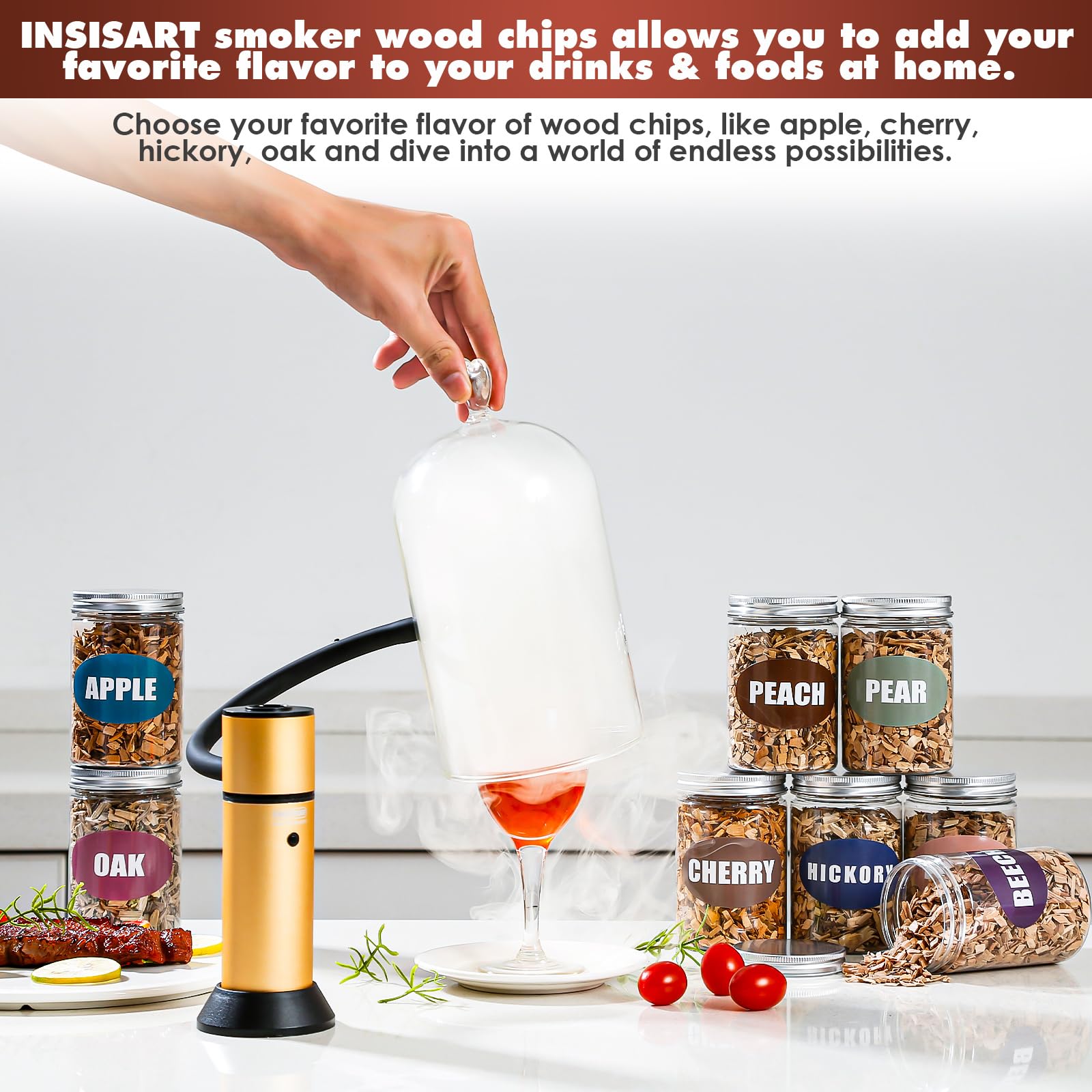 INSISART Oak wood chips for smoking; balanced flavor for beef and ribs.