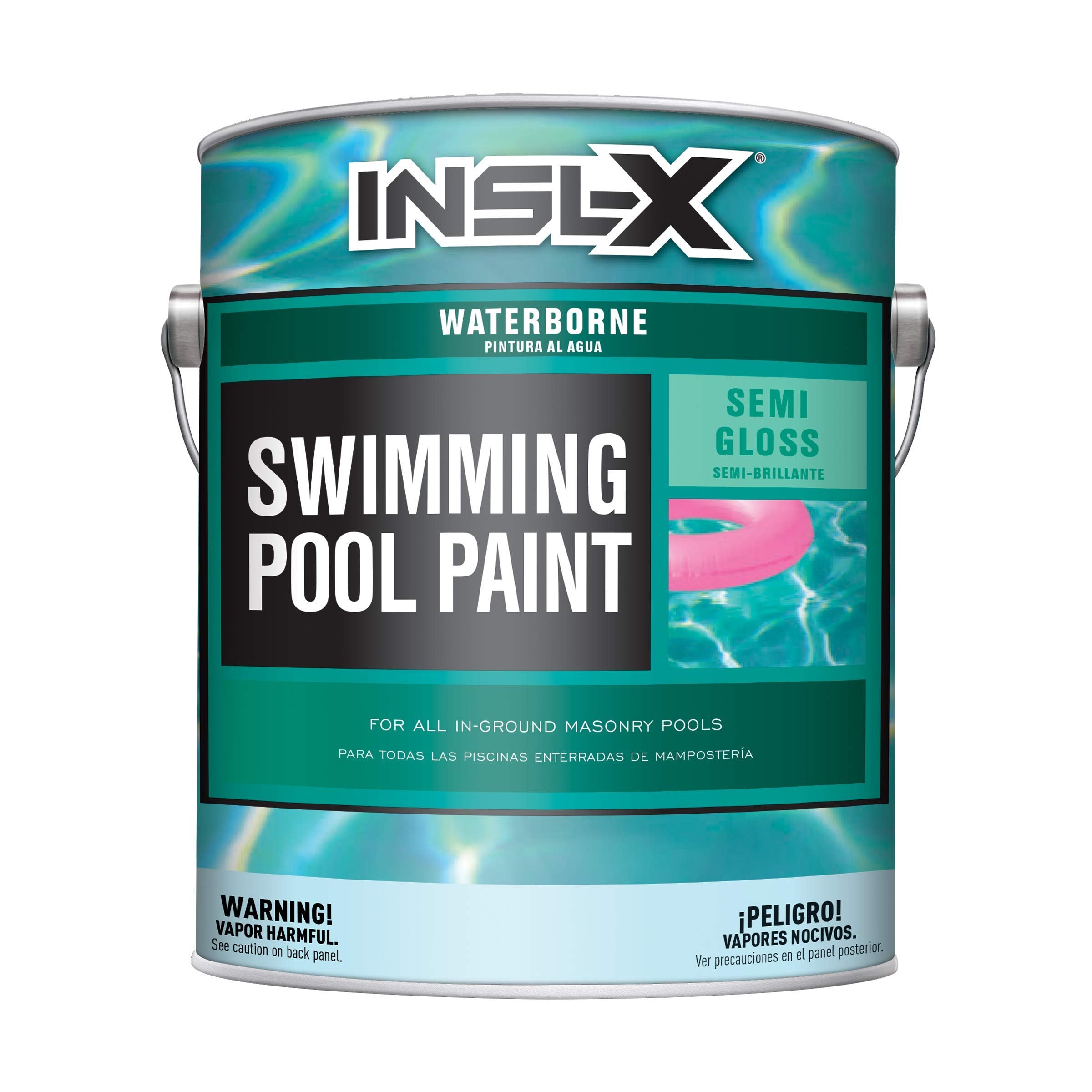 INSL-X Waterborne pool paint bottle demonstrates quick-dry color application.