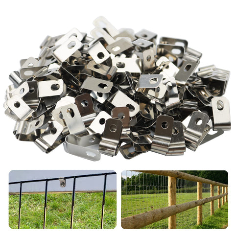 Inslat fence wire clamp with round loop for secure post mounting on wood or metal.