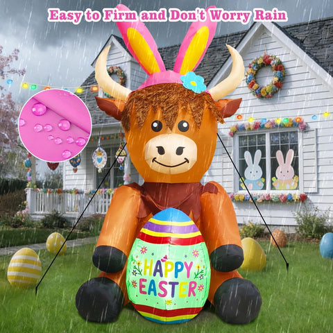 inslife Easter Highland Cow inflates outdoors with stakes and ropes for stability