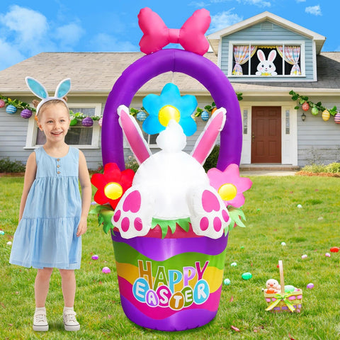 inslife Easter inflatable bunny jumping into a flower basket for curb appeal.