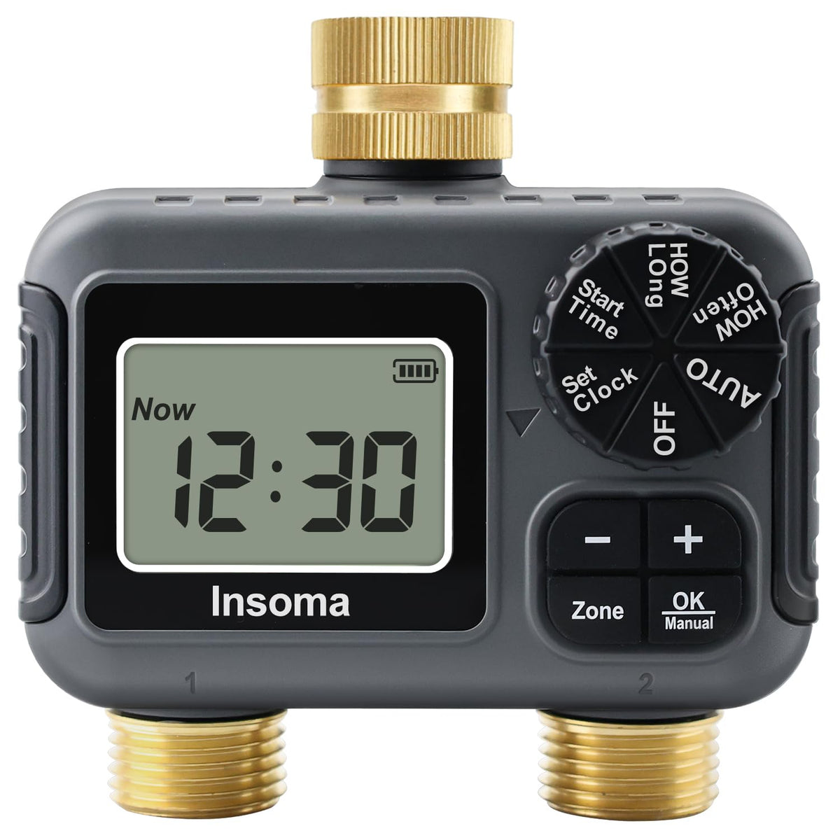 Insoma 2-zone timer with brass inlet and outlet for durable irrigation