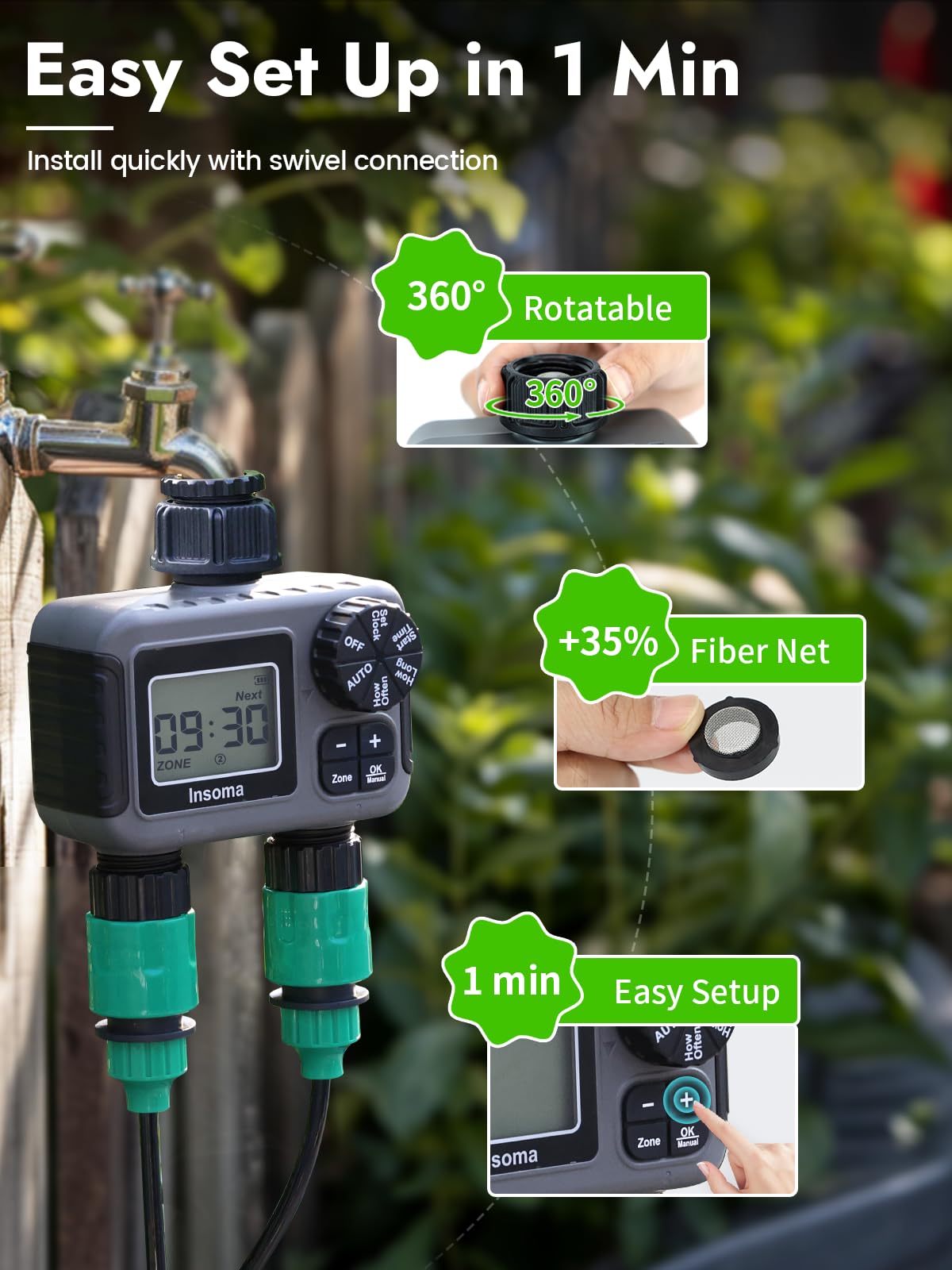 Insoma 2-Zone Timer manual modes for flexible, spot watering.