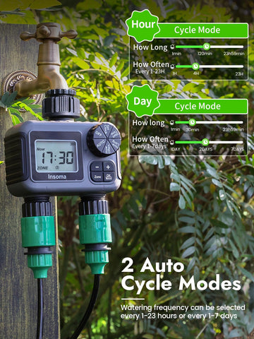 Insoma 2-Zone Timer rain delay mode conserves water on rainy days.
