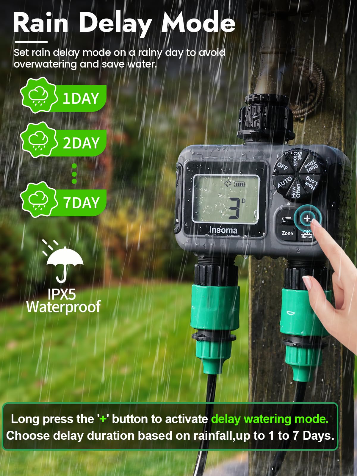 Insoma 2-Zone Timer waterproof housing supports outdoor use in all weather.