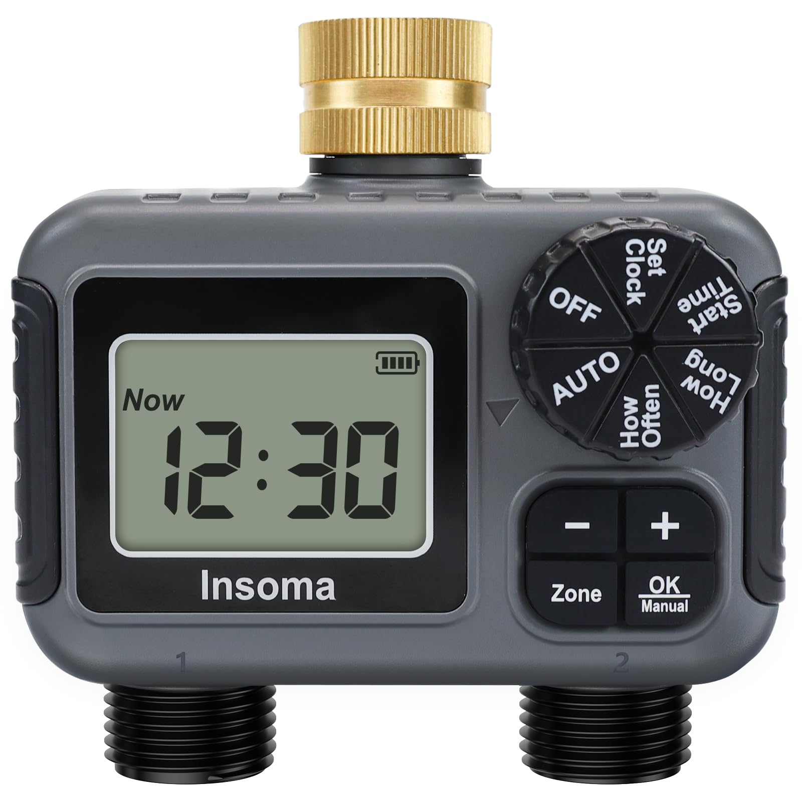 Insoma 2-Zone Hose Timer brass inlet and dual outlets for independent watering.