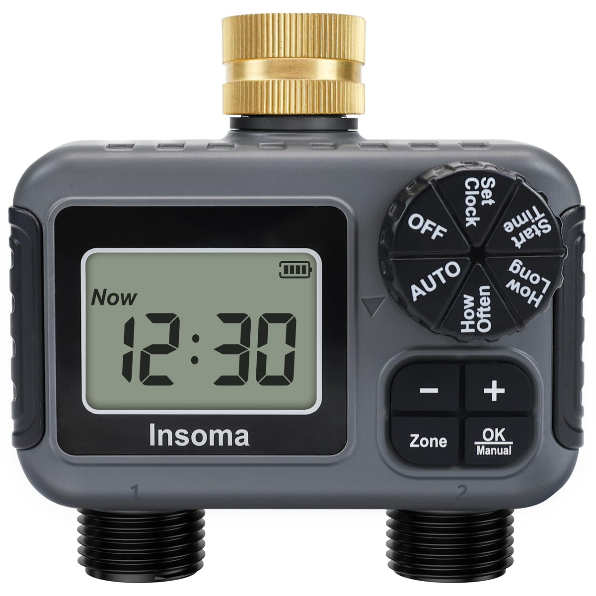 Insoma 2-Zone Hose Timer brass inlet and dual outlets for independent watering.