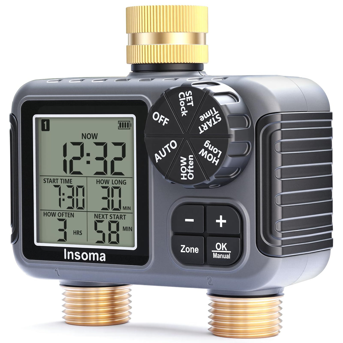 Insoma 2-Zone Sprinkler Timer with brass inlet-outlet for durable irrigation control.
