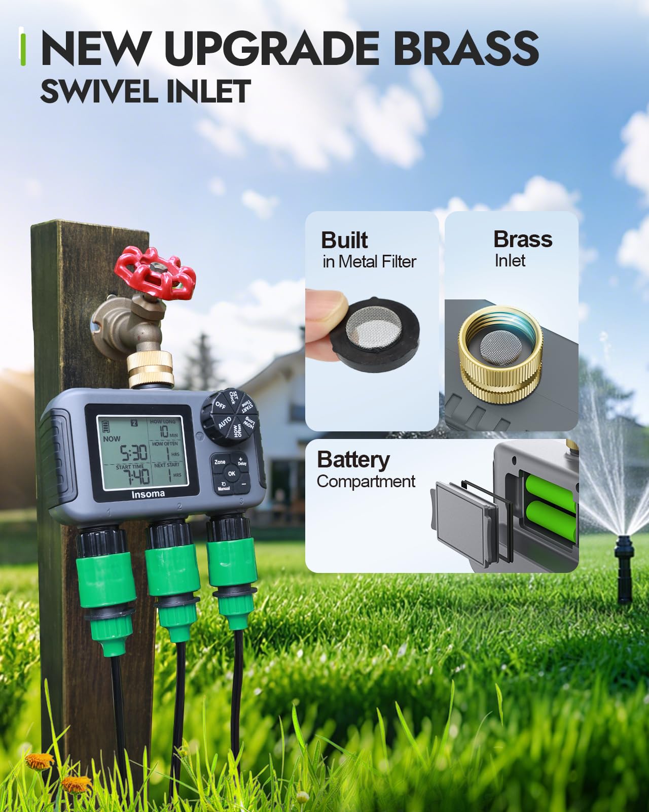Insoma timer controls three outlets enabling independent zone watering.