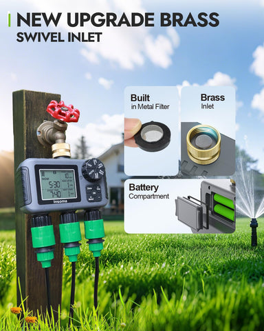 Insoma timer controls three outlets enabling independent zone watering.