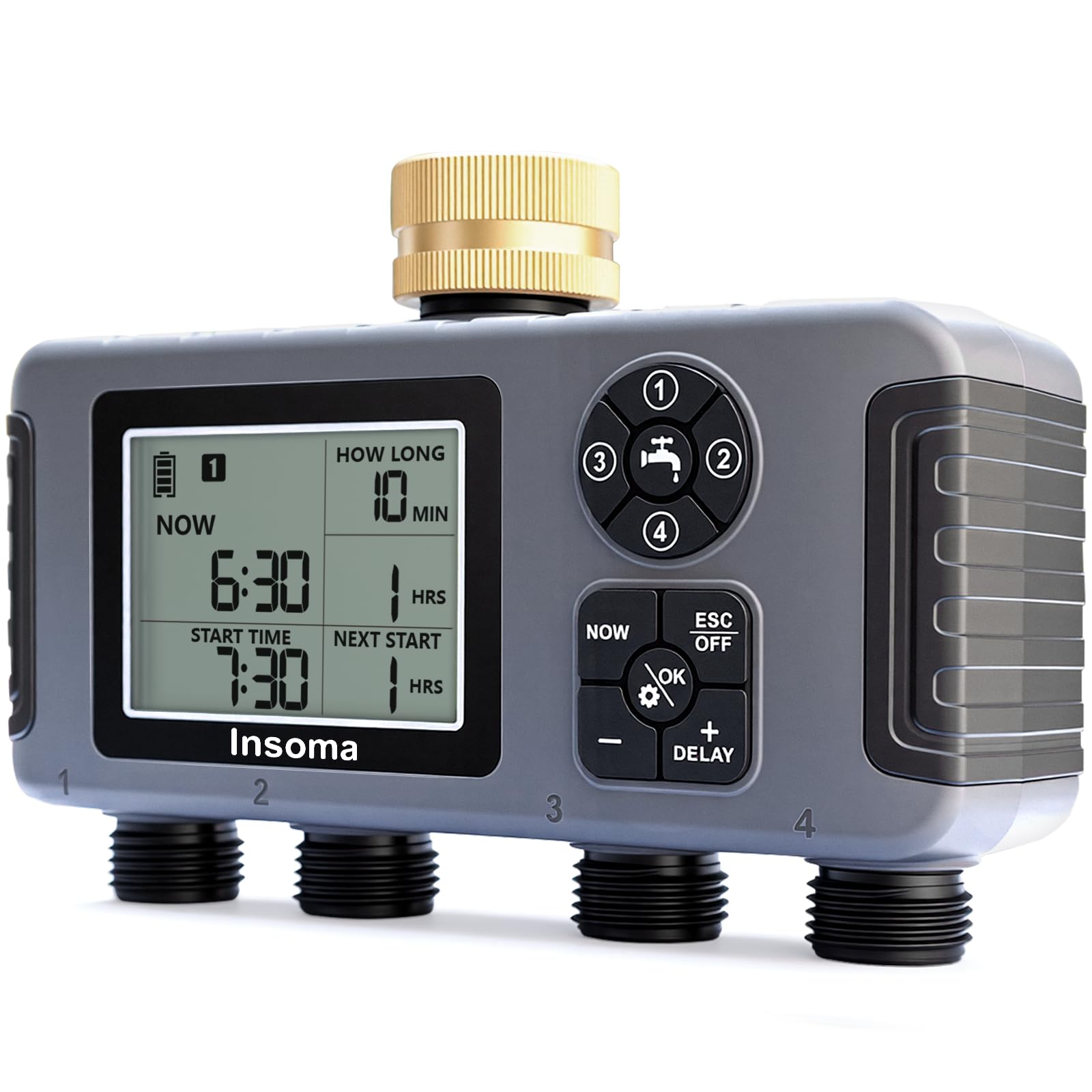 Insoma 4-Zone timer with brass inlet for precise irrigation control.
