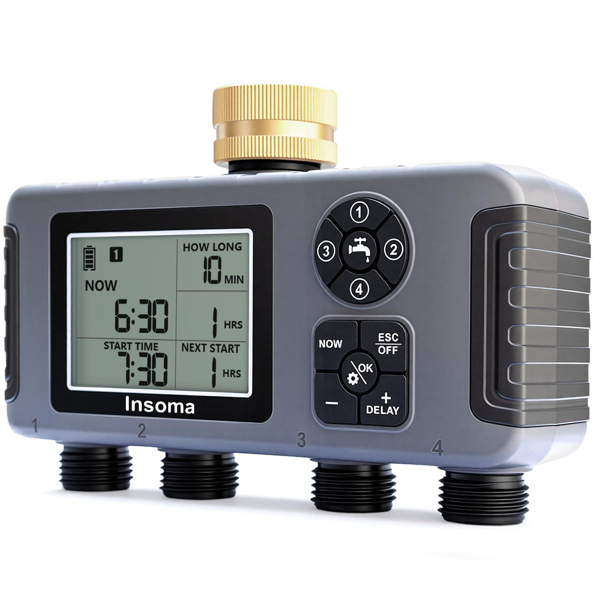 Insoma 4-Zone timer with brass inlet for precise irrigation control.