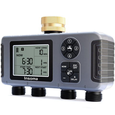 Insoma 4-Zone timer with brass inlet for precise irrigation control.