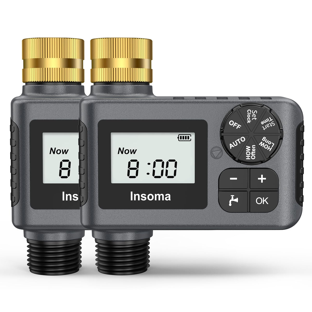 Insoma water timer with brass swivel inlet ensuring leak-free outdoor use