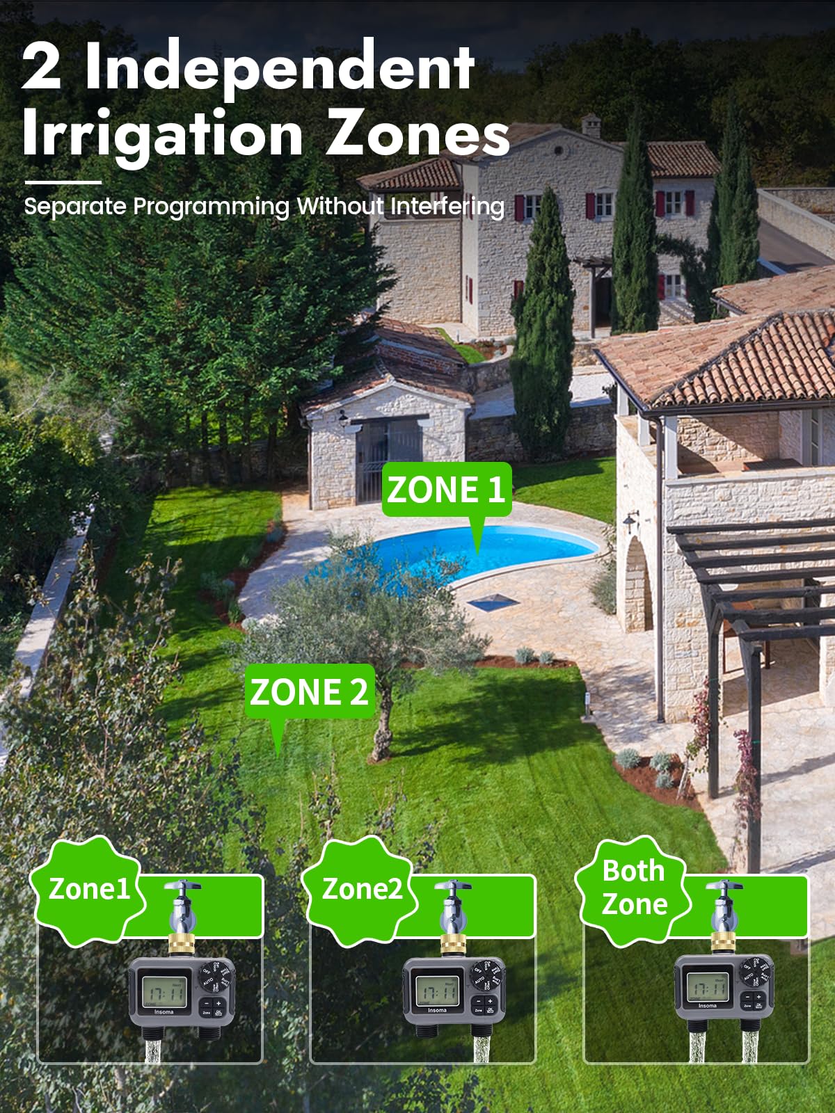 Insoma dual outlet timer ready for precise garden irrigation.