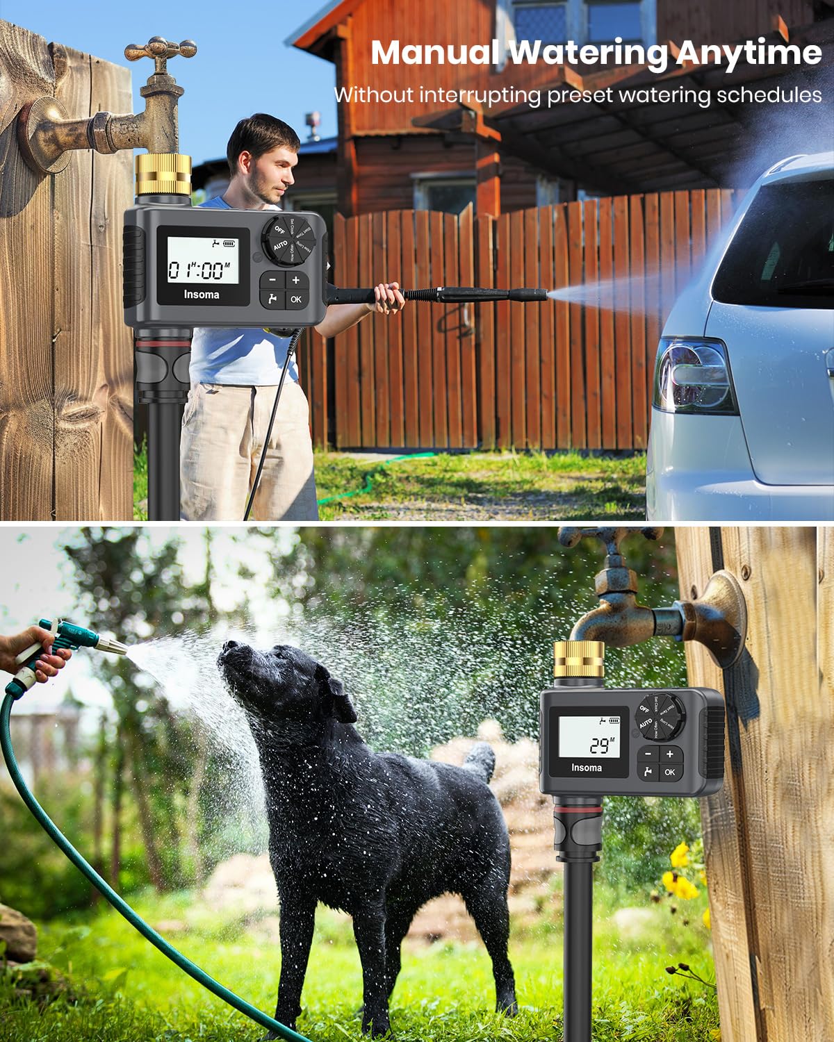 Auto and manual modes offer flexible control for gardens