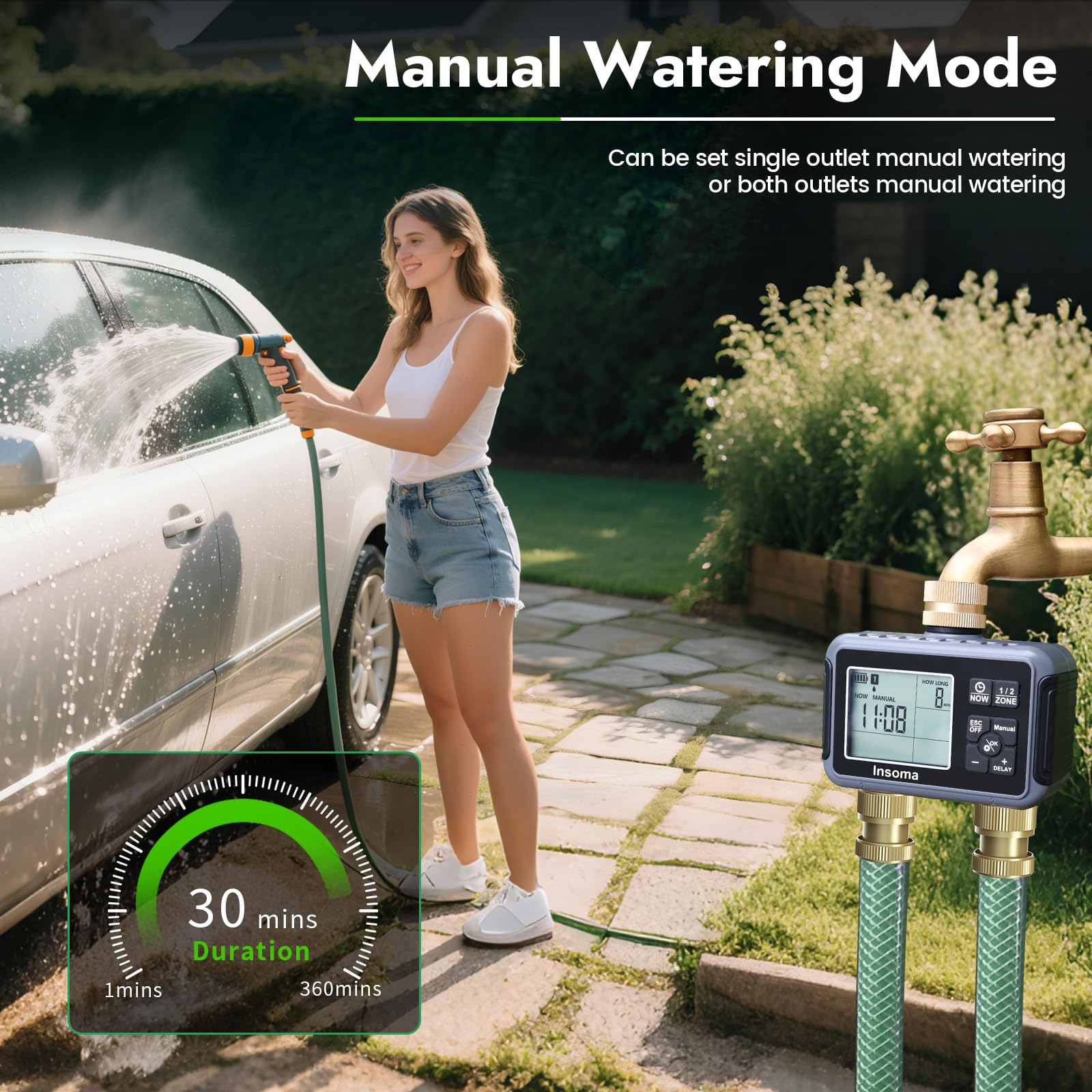 Insoma manual watering with rain delay for adaptive watering.