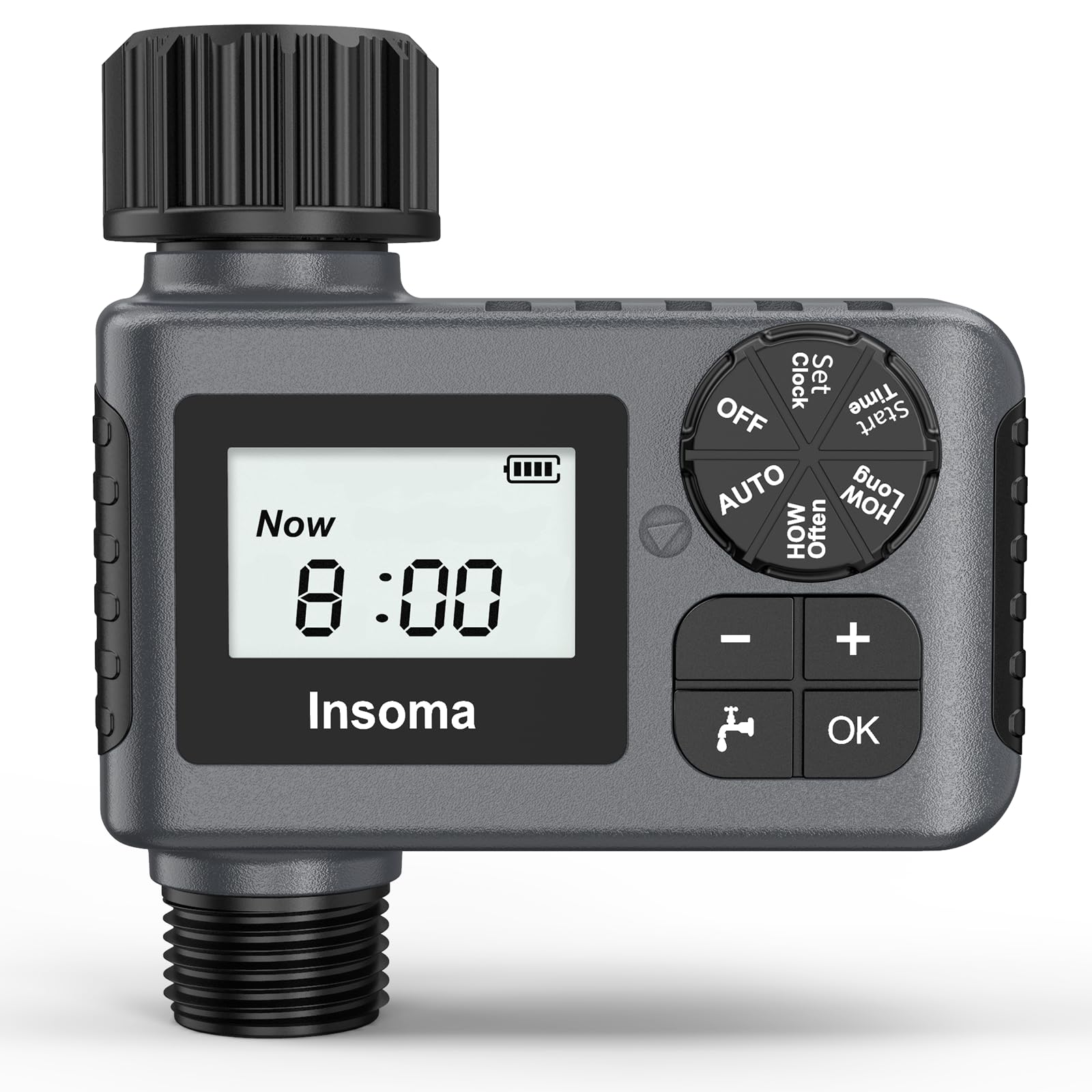Insoma outdoor timer dial for simple programming and efficient watering.