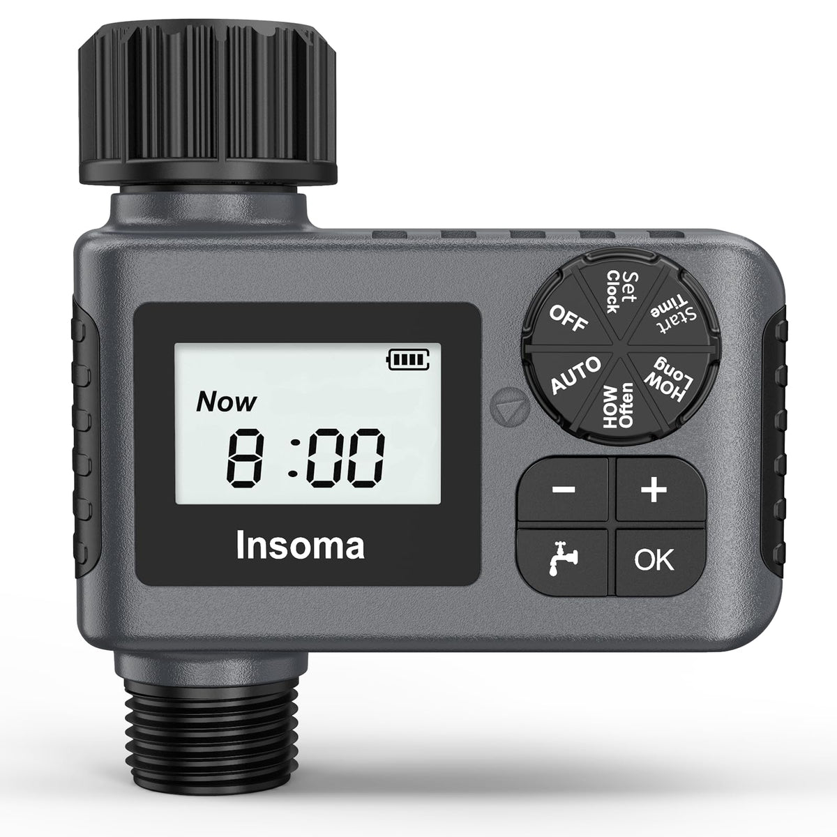 Insoma outdoor timer dial for simple programming and efficient watering.