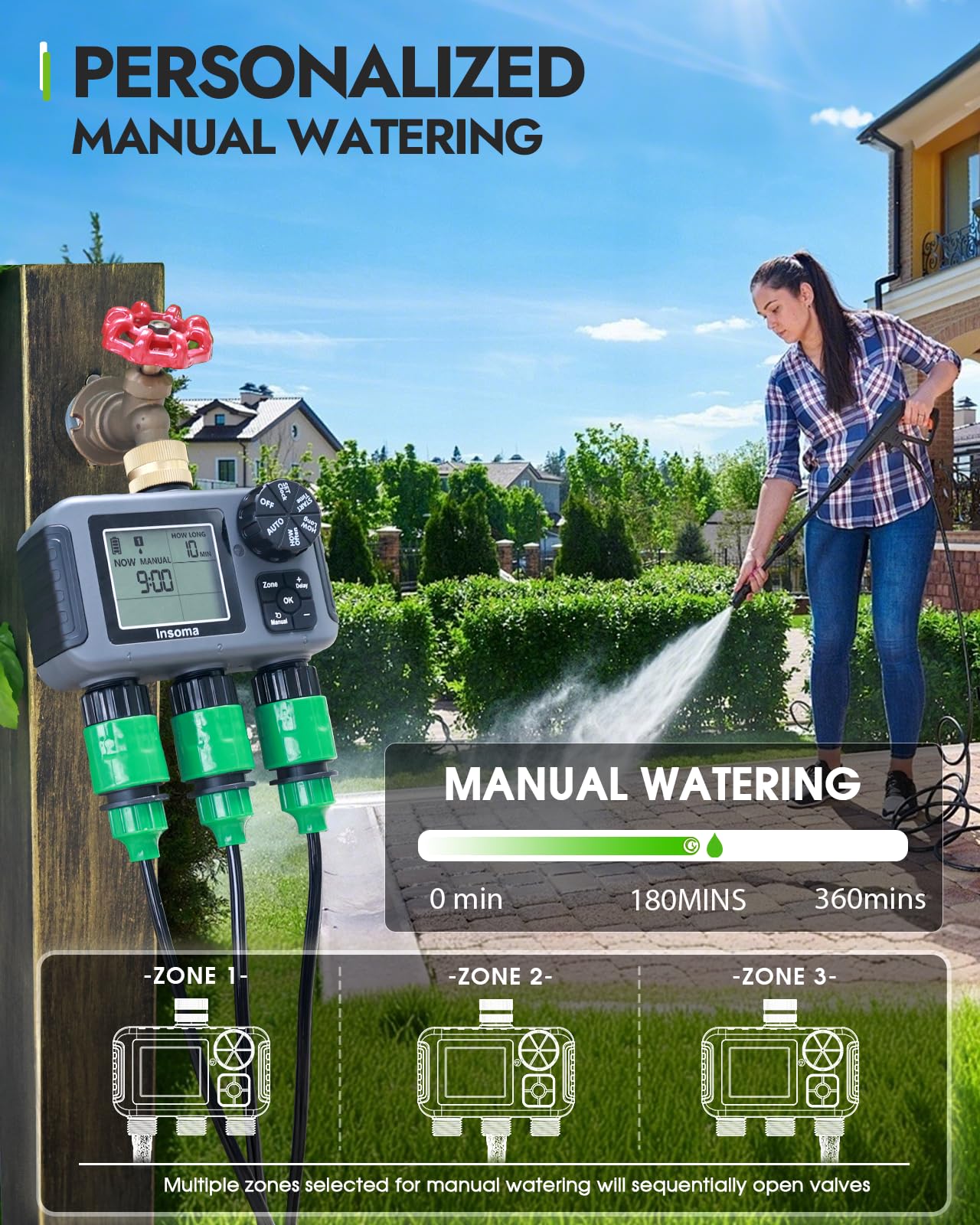 Insoma rain delay function pauses irrigation during rainy days.