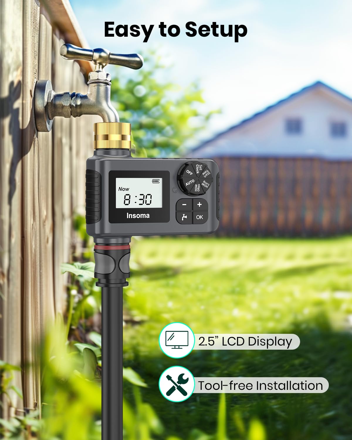Insoma timer includes adapters and seal tape for leak-free installation.