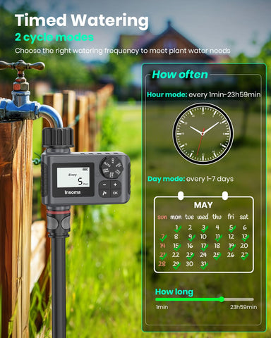 Insoma sprinkler timer auto mode showing scheduled watering convenience.