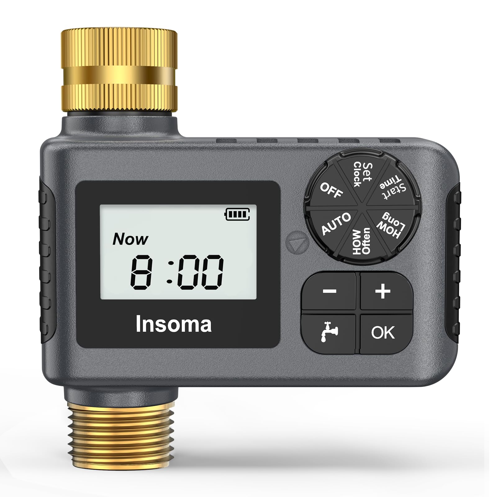 Insoma sprinkler timer with brass inlet and outlet for durable outdoor watering.