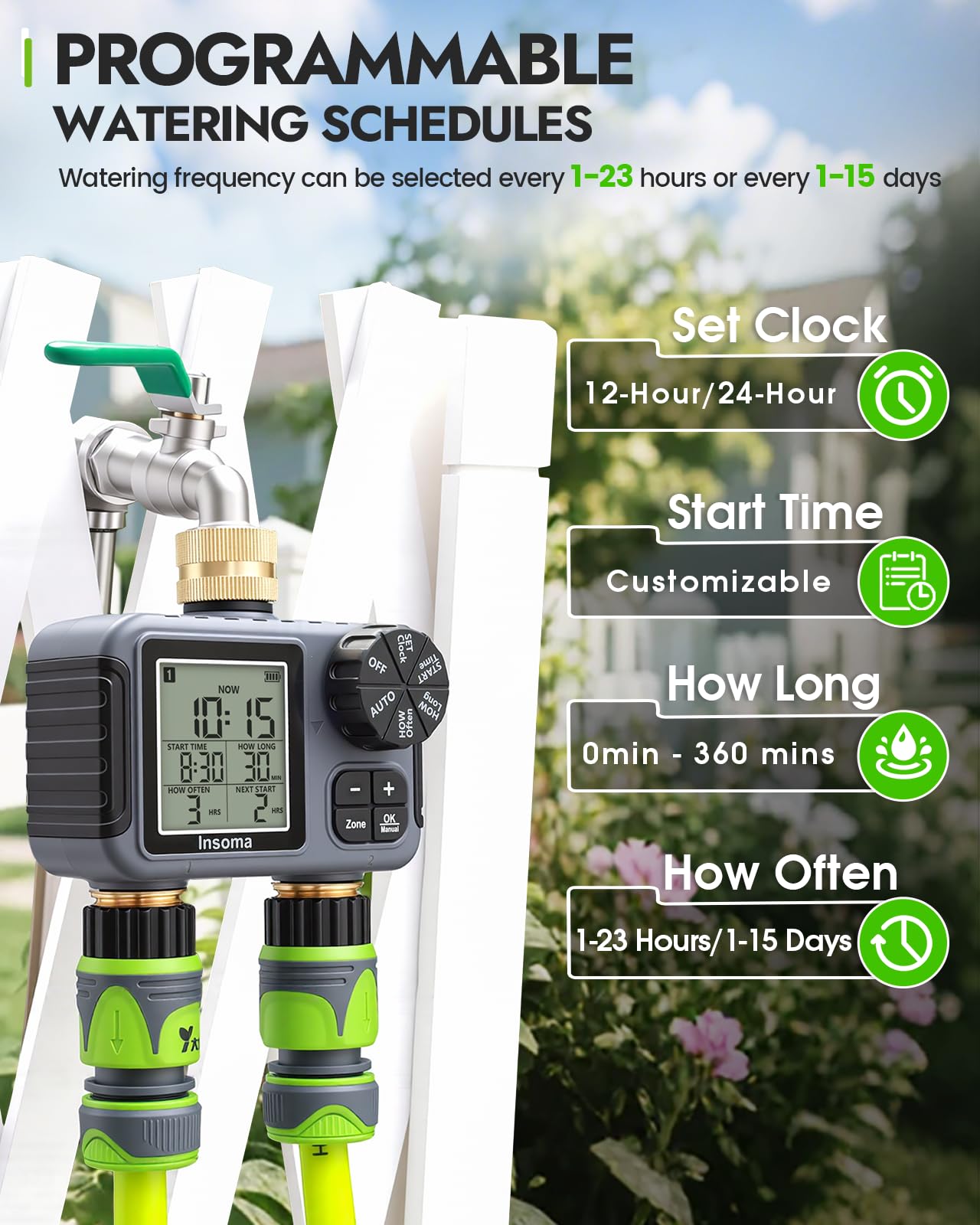 Insoma timer with rain delay pauses irrigation after rainfall.