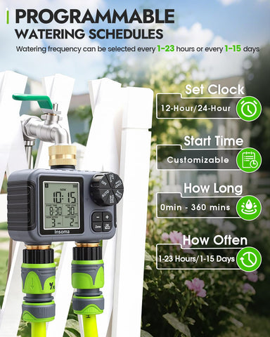 Insoma timer with rain delay pauses irrigation after rainfall.