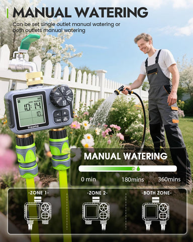 Insoma dual-zone operation enables flexible watering schedules for gardens.