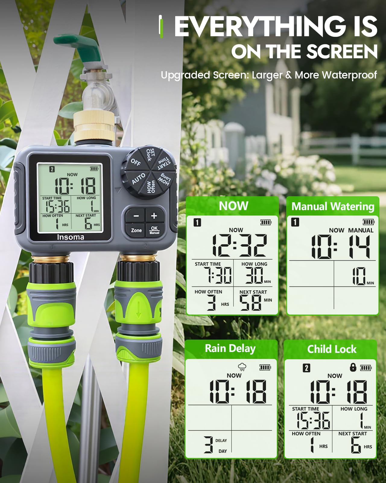 Insoma versatile timer suits backyard drip, lawn, greenhouse, and pool areas.
