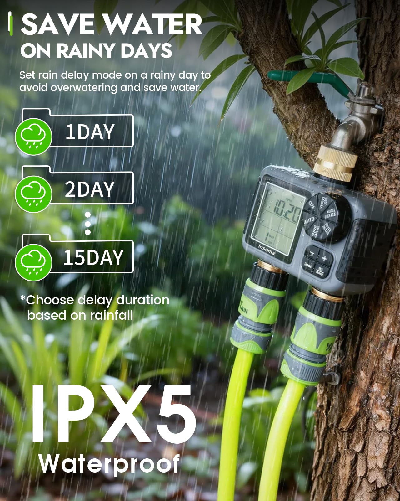 Insoma IPX5 waterproof timer withstands sun and rain for outdoor use.