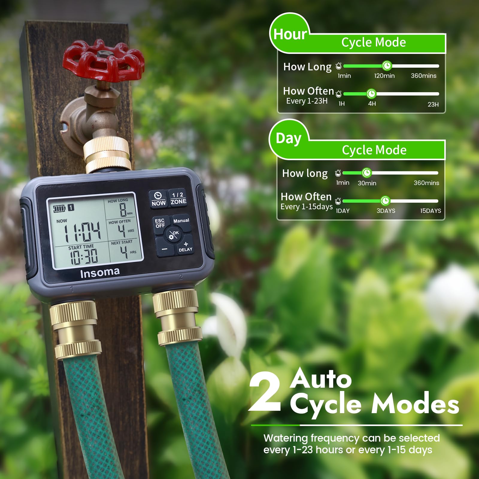 Insoma start-time and frequency settings for precise irrigation control.