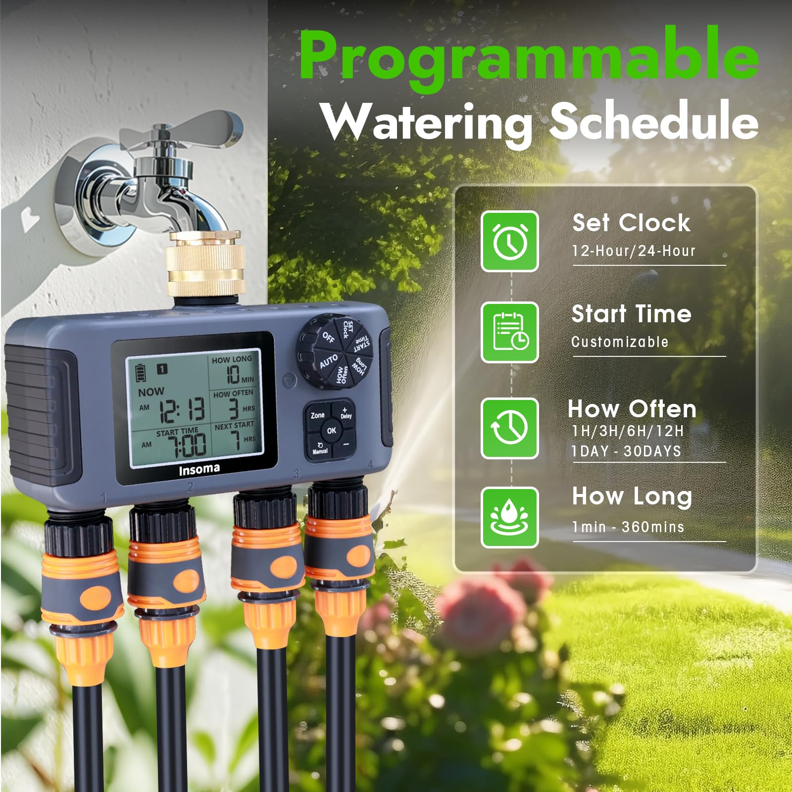 Insoma auto-watering mode supports flexible schedules for beds and lawns.