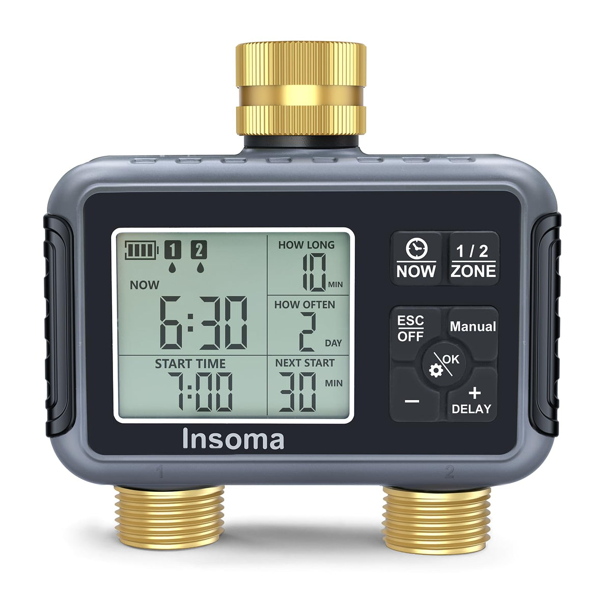 Insoma water timer with brass inlet-outlet for durable outdoor irrigation.