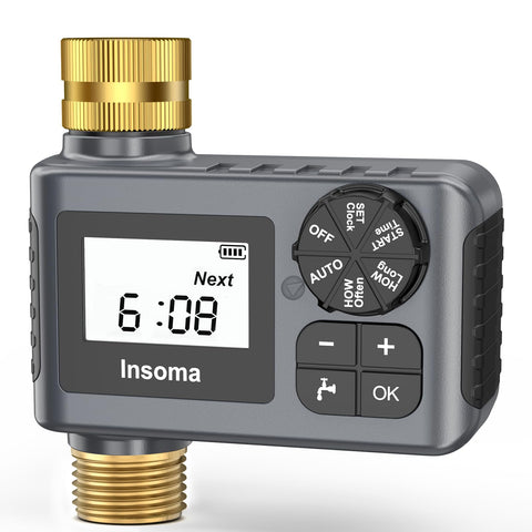 Insoma water timer with brass inlet and outlet for durable outdoor watering.