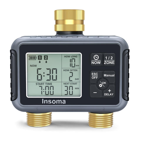Insoma water timer with brass inlet-outlet for durable outdoor irrigation.