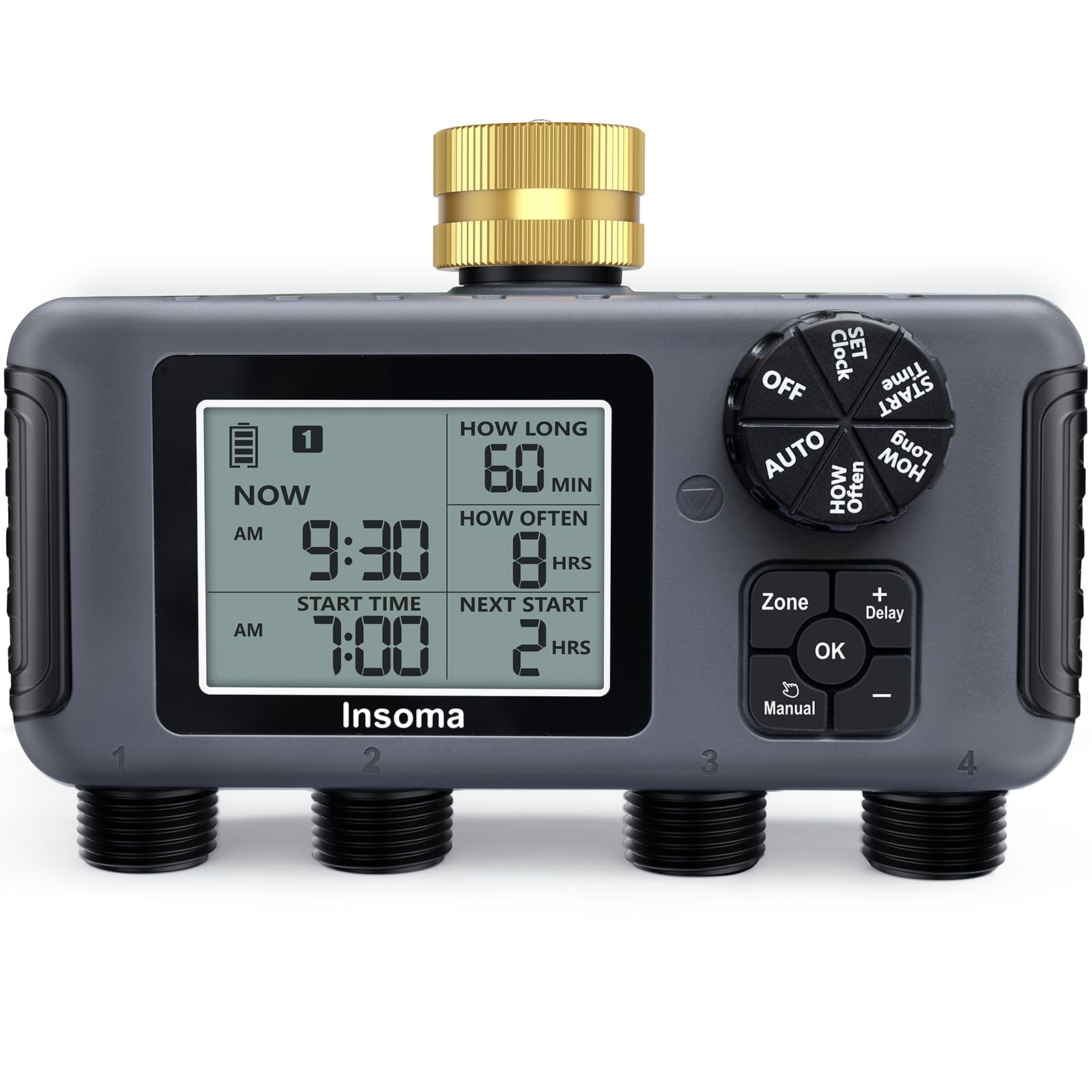 Insoma water timer with brass inlet for a durable outdoor connection.