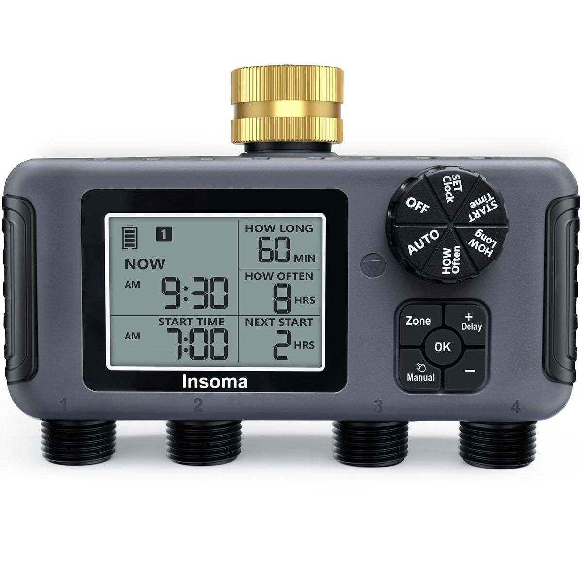 Insoma water timer with brass inlet for a durable outdoor connection.