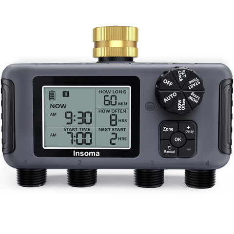 Insoma water timer with brass inlet for a durable outdoor connection.