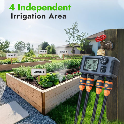 Insoma four-zone water timer enables customized garden irrigation.
