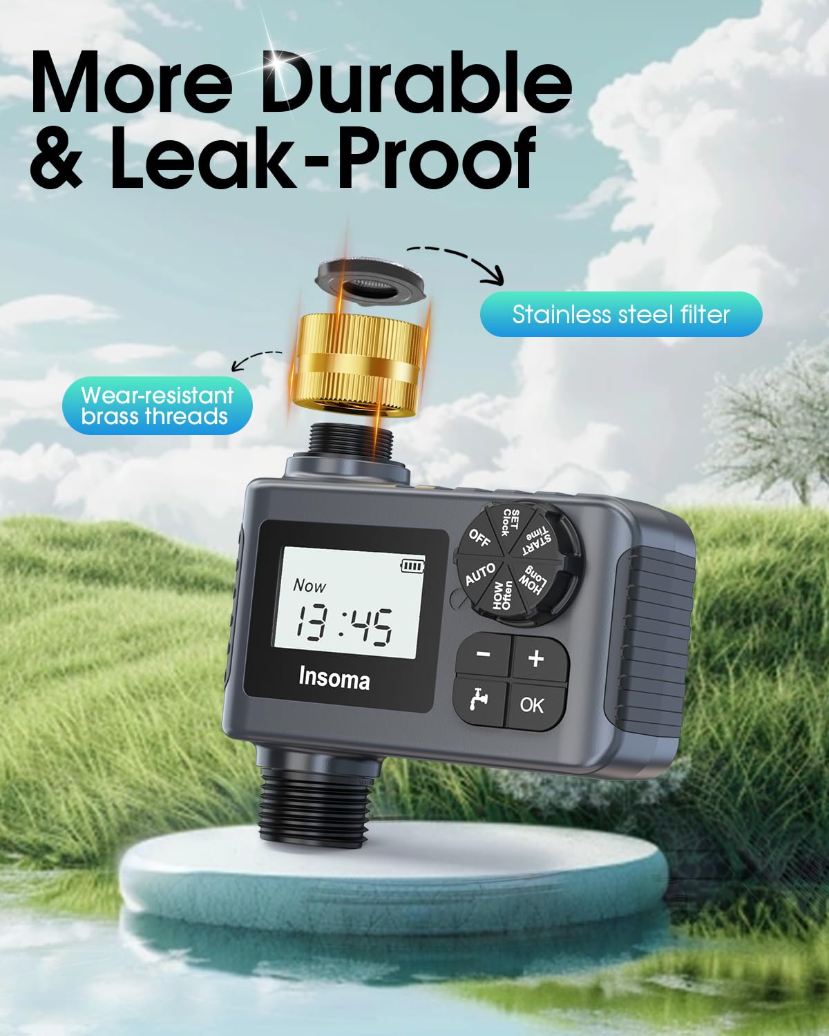 Insoma IP55 waterproof housing protects against splashes and rain.