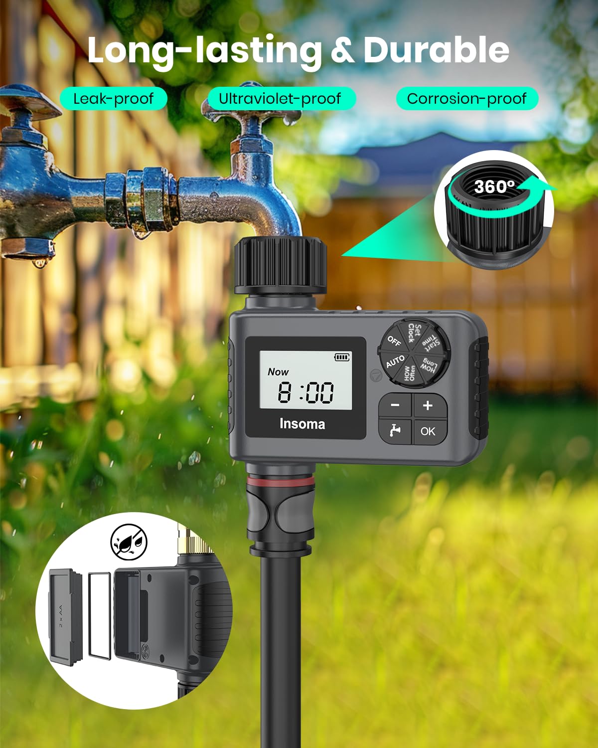 Insoma water timer IP55 housing built for outdoor durability.