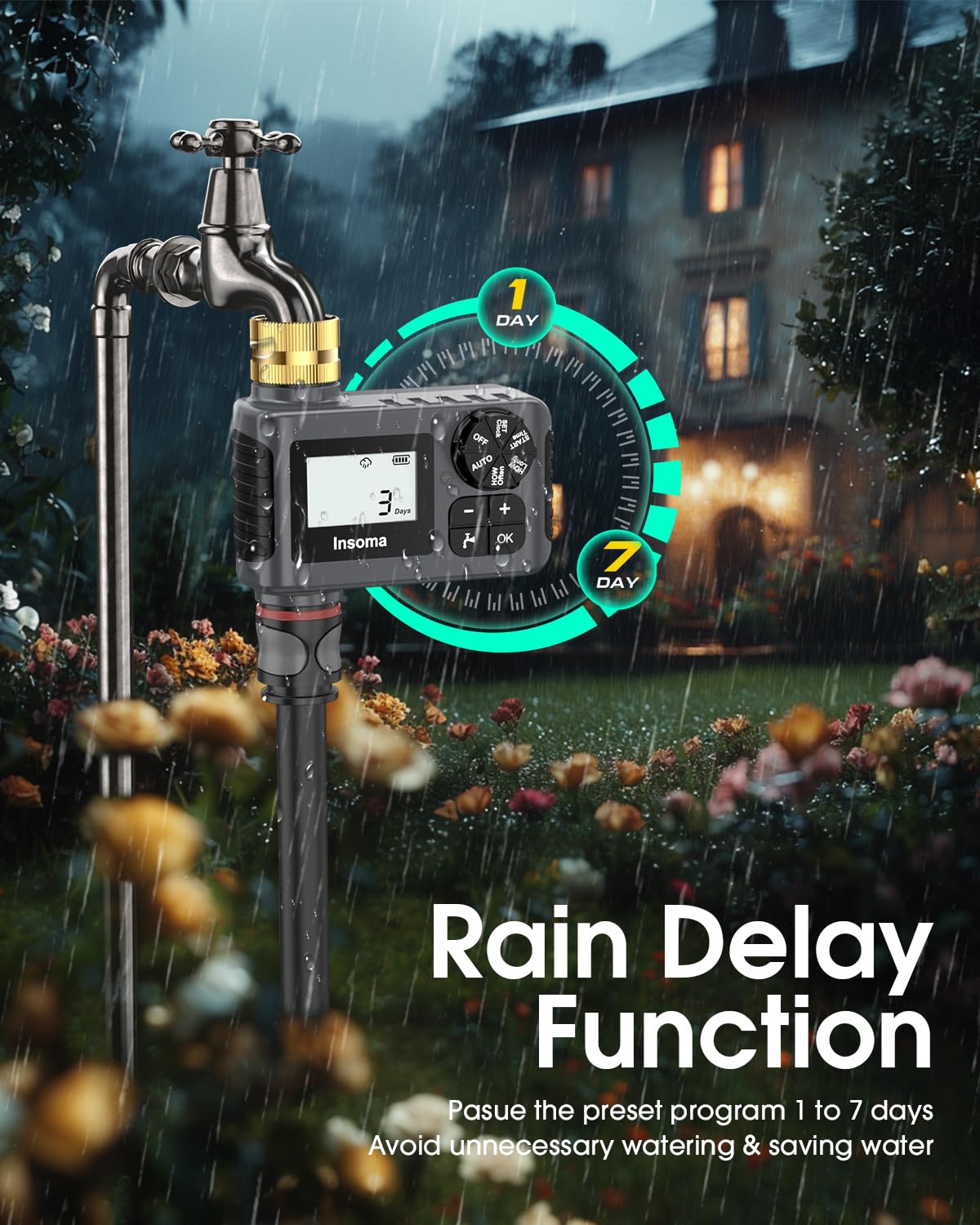Insoma IP55 waterproof seal protects irrigation connections from weather.